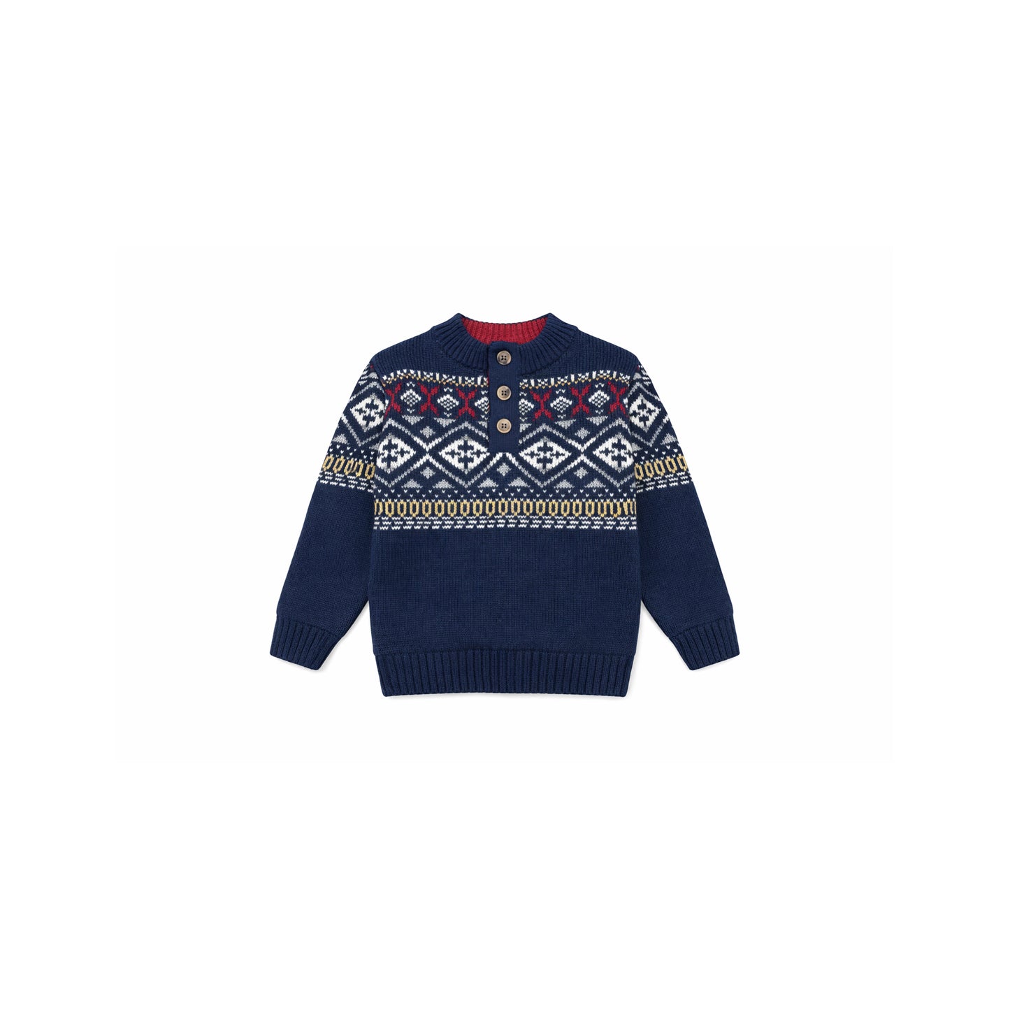Nordic Pattern Knit Sweater with Button Placket