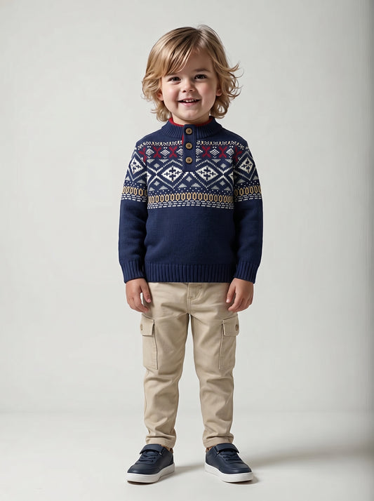 Nordic Pattern Knit Sweater with Button Placket
