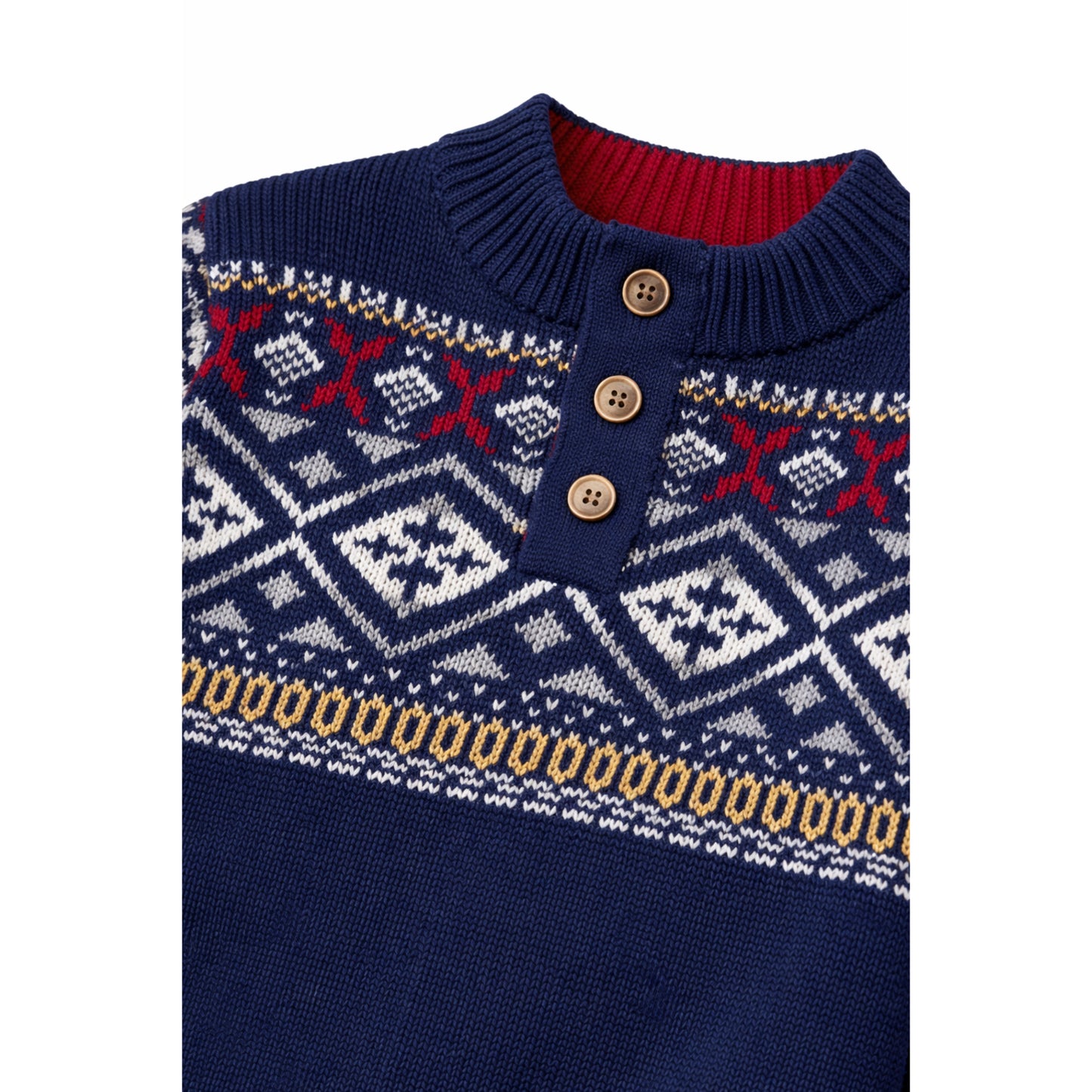 Nordic Pattern Knit Sweater with Button Placket
