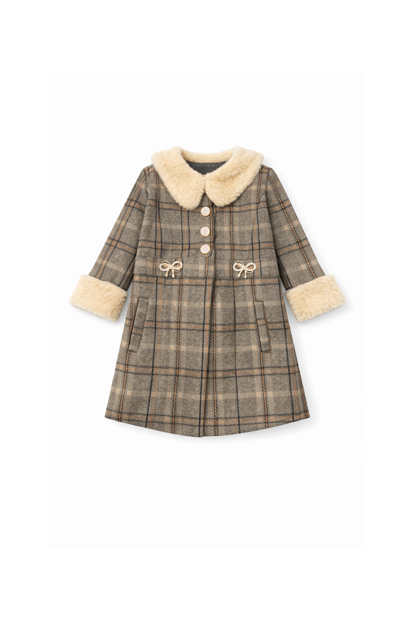 Checked Coat Set with Faux Fur Collar & Trousers