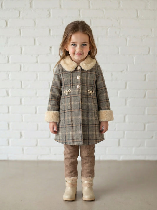 Checked Coat Set with Faux Fur Collar & Trousers