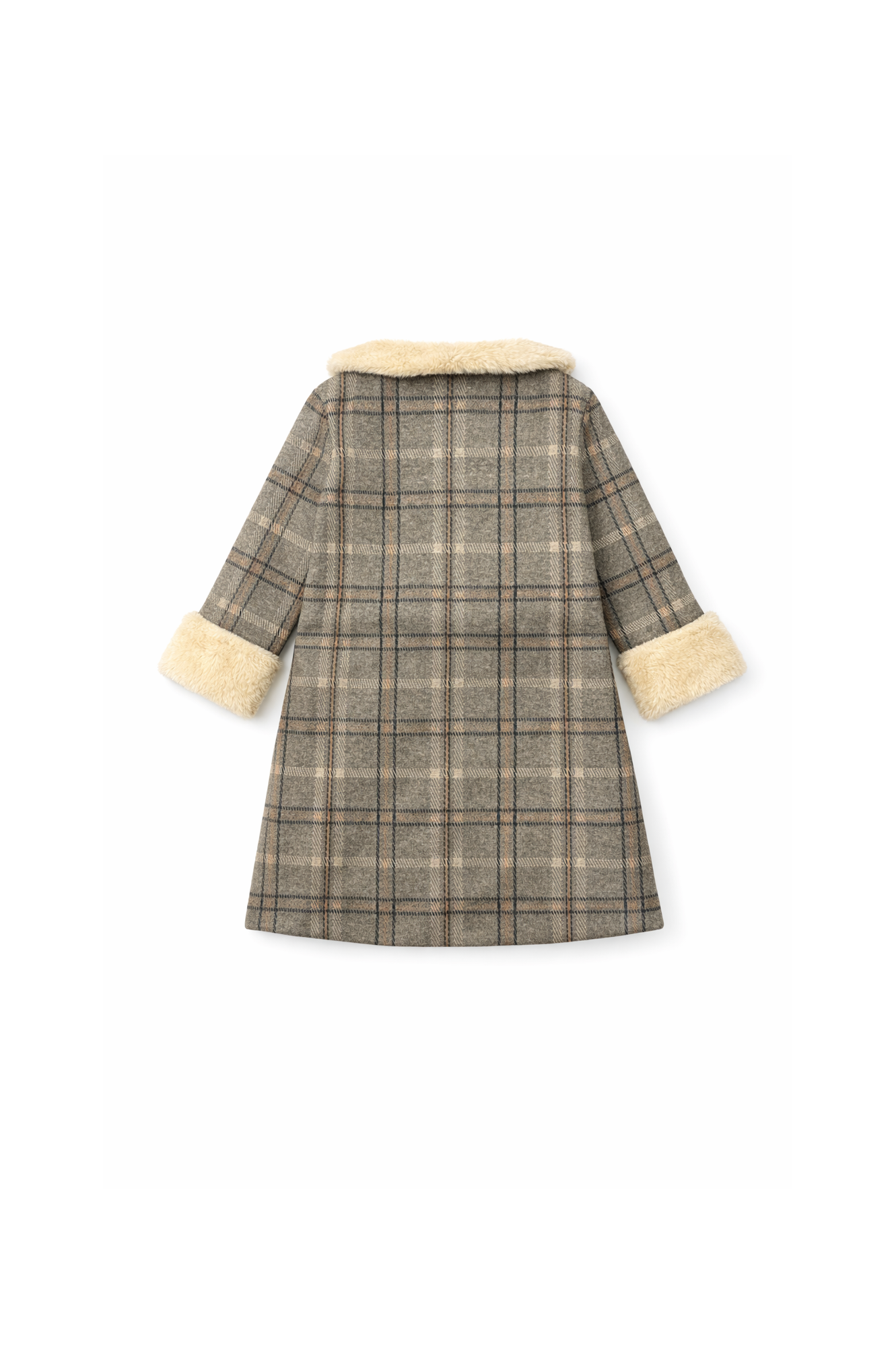 Checked Coat Set with Faux Fur Collar & Trousers