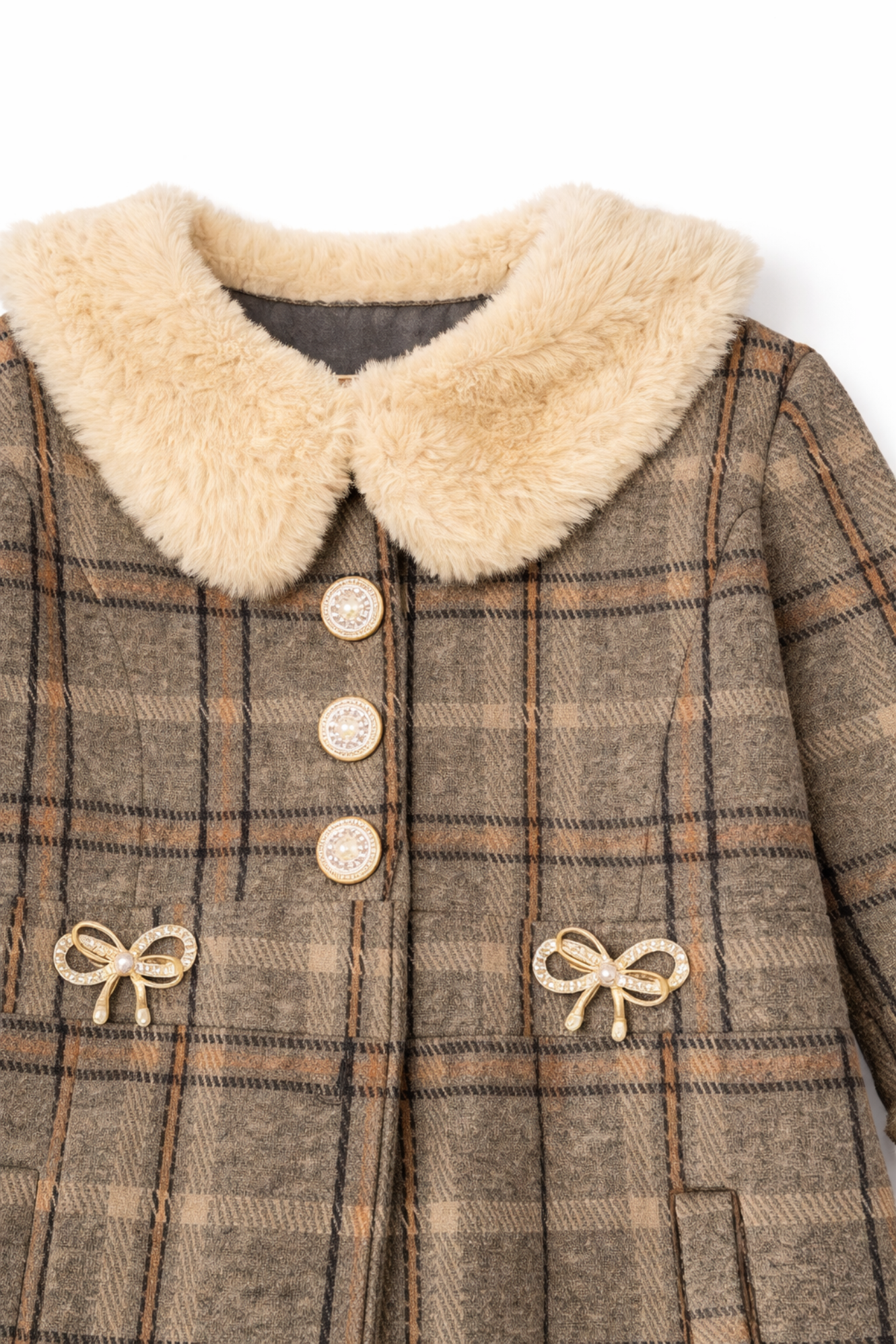 Checked Coat Set with Faux Fur Collar & Trousers