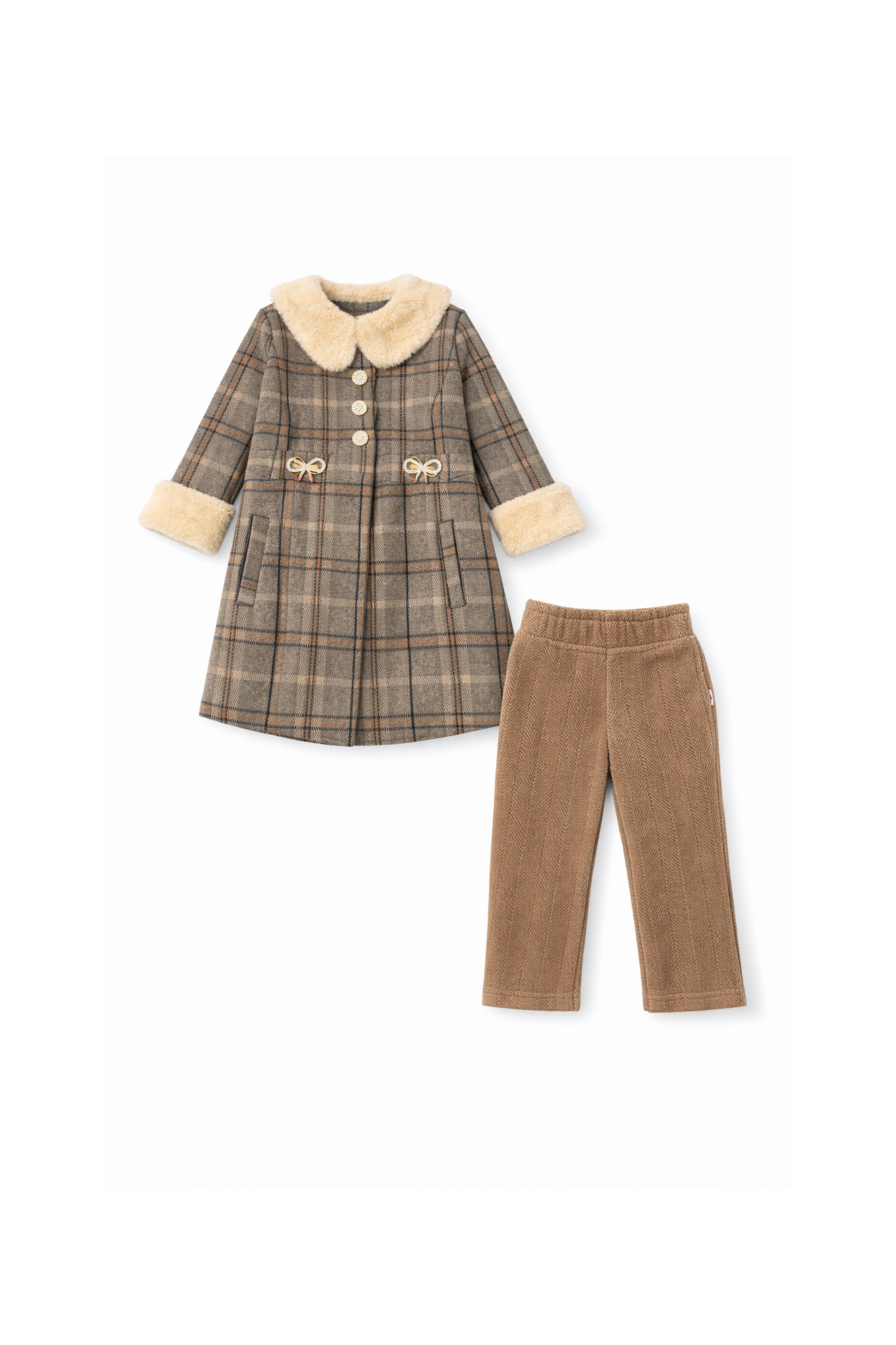 Checked Coat Set with Faux Fur Collar & Trousers
