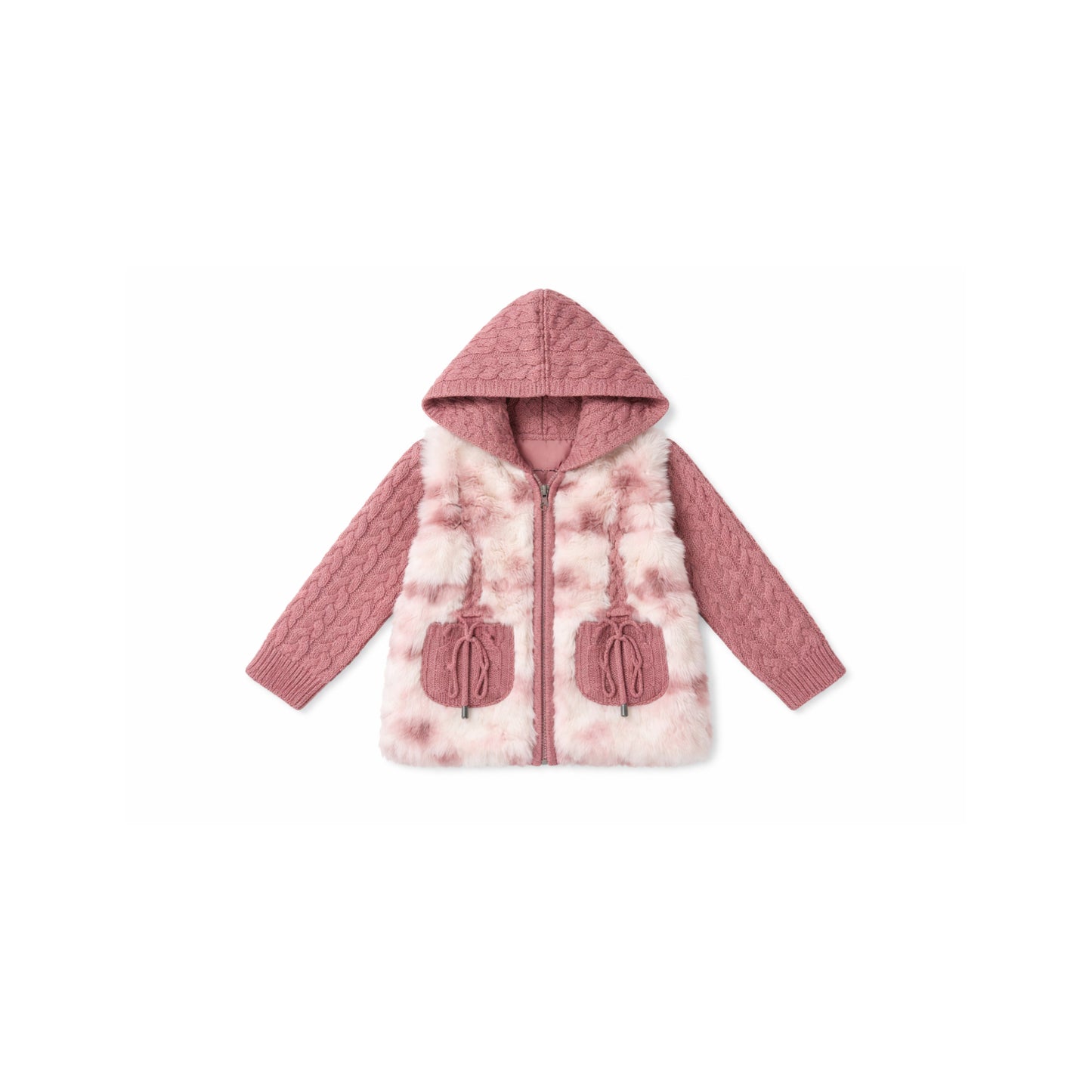 Hooded Faux Fur Panel Jacket with Knit Trousers