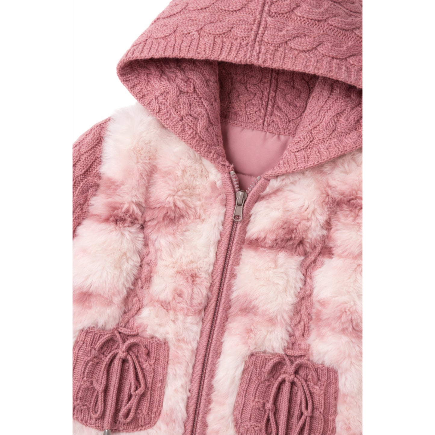 Hooded Faux Fur Panel Jacket with Knit Trousers