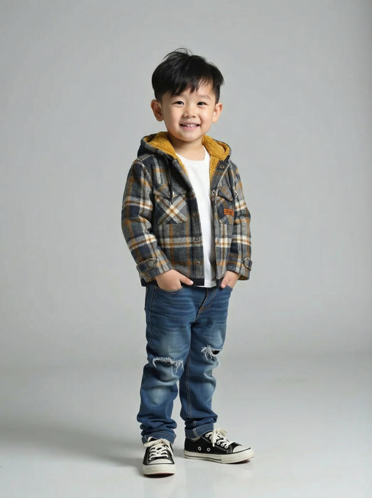 Checked Hooded Jacket with Sherpa Lining