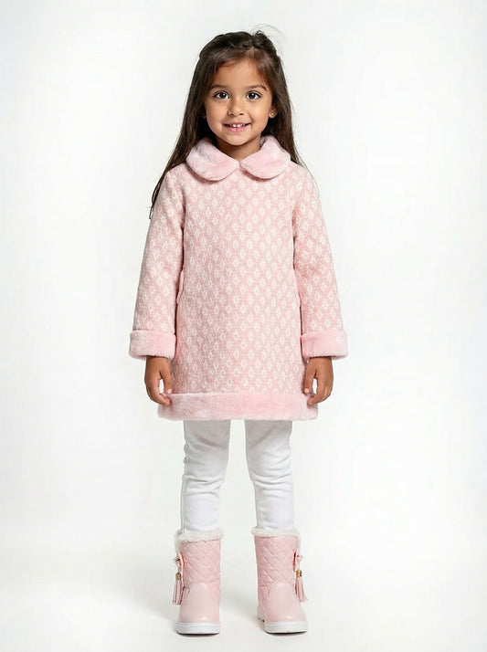Jacquard Sweater Dress with Faux Fur Trim