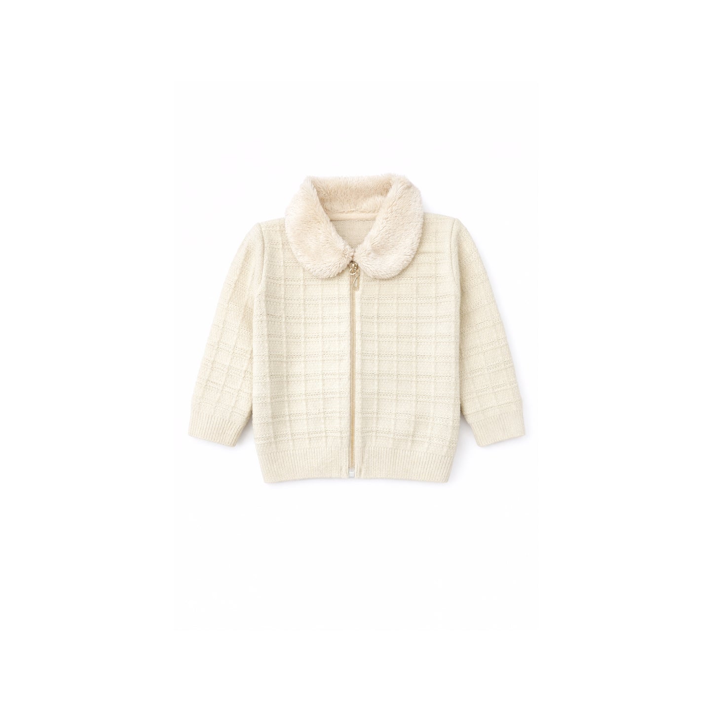 Textured Zip Cardigan with Faux Fur Collar