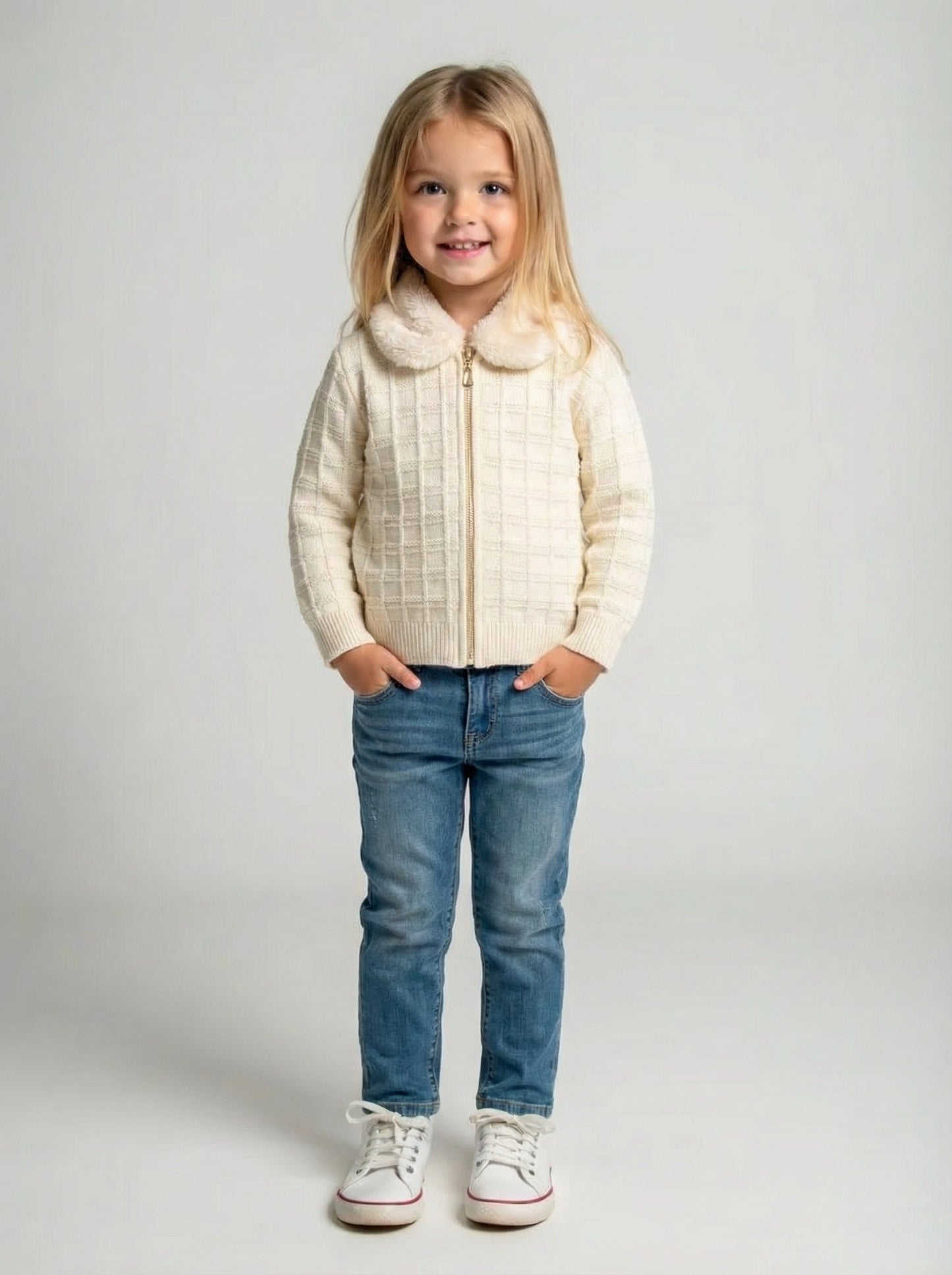 Textured Zip Cardigan with Faux Fur Collar