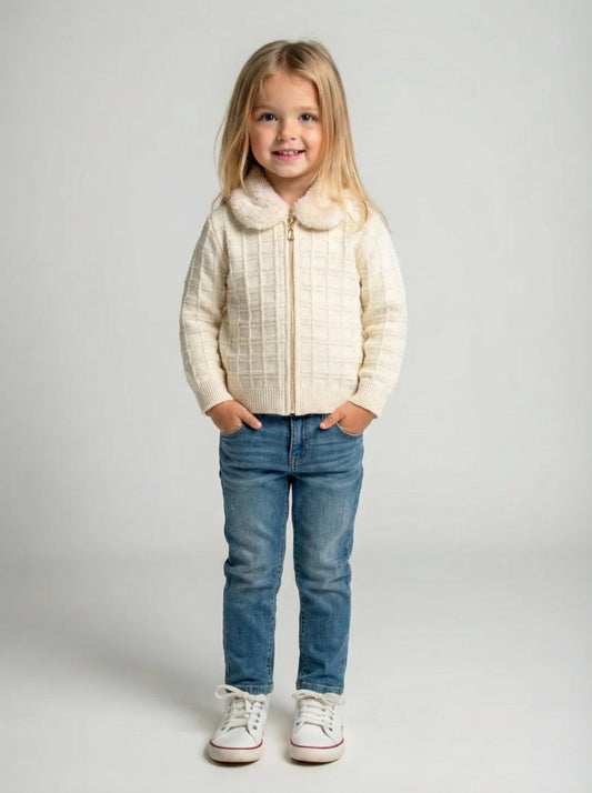 Textured Zip Cardigan with Faux Fur Collar