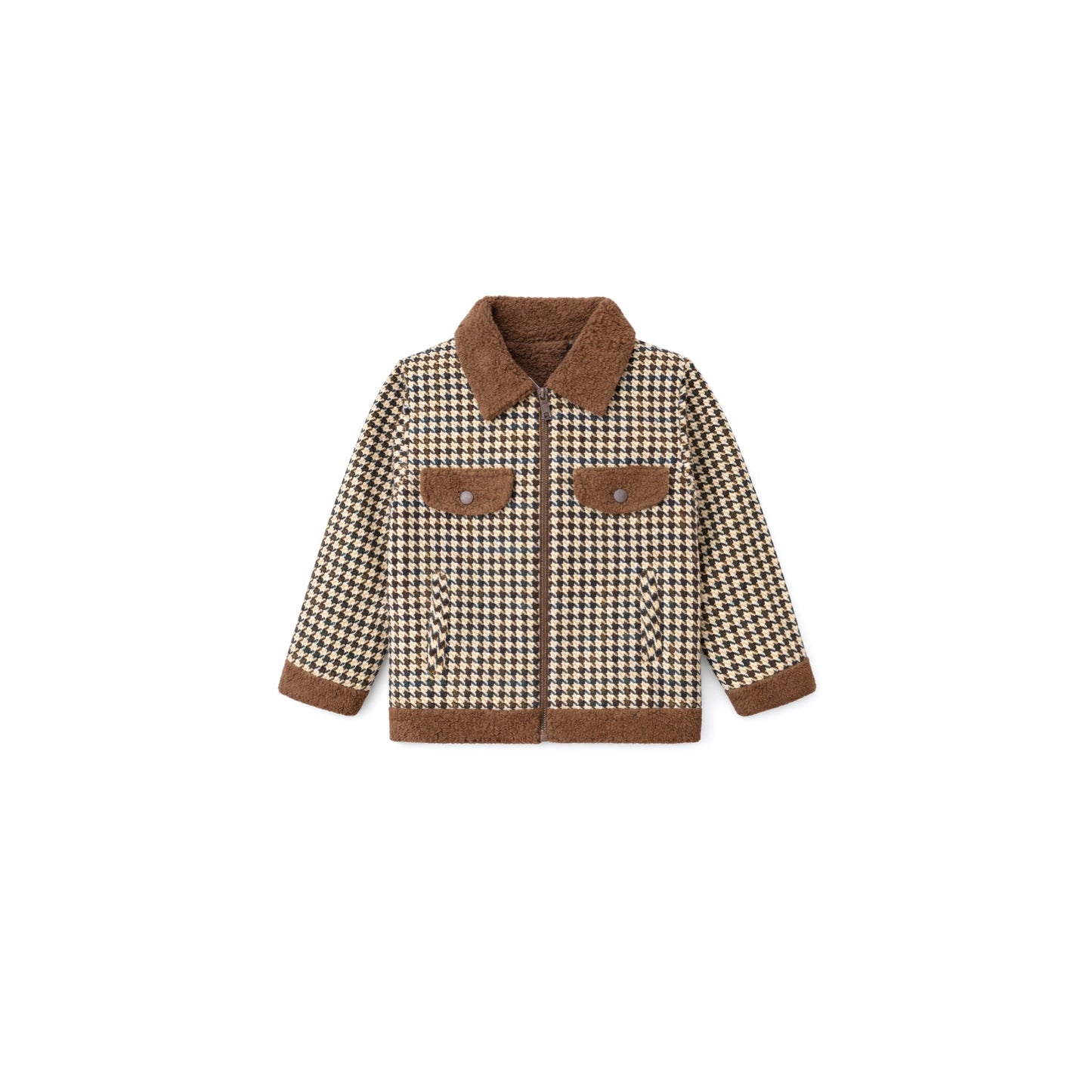 Houndstooth Jacket with Textured Shearling Accents