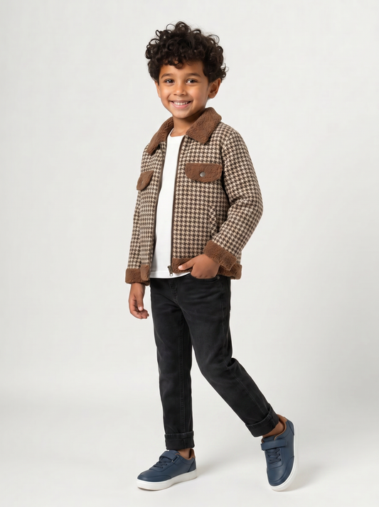 Houndstooth Jacket with Textured Shearling Accents